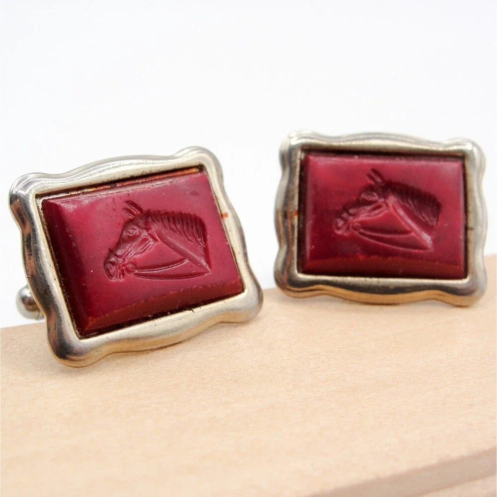 Vintage Silver Tone Red Lucite Horse Head Cufflinks Tie Bar Clip Set Equestrian